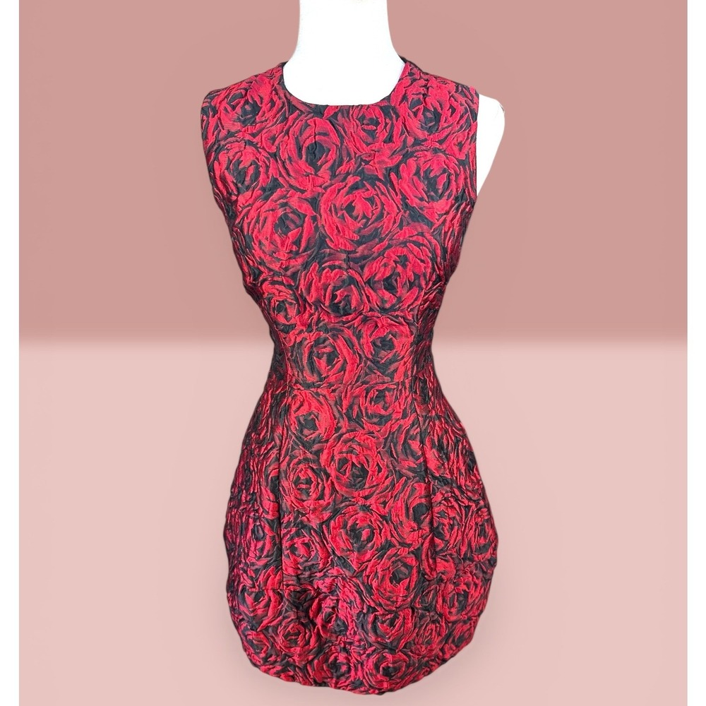 Carolina Herrera Dress Size 2 Red Black Rose Jacquard Sleeveless Mini Pockets